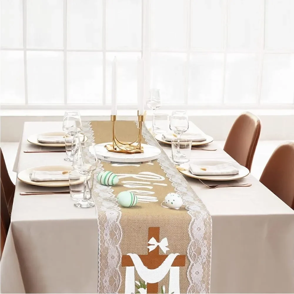 Easter Burlap and Lace Table Runner NWT